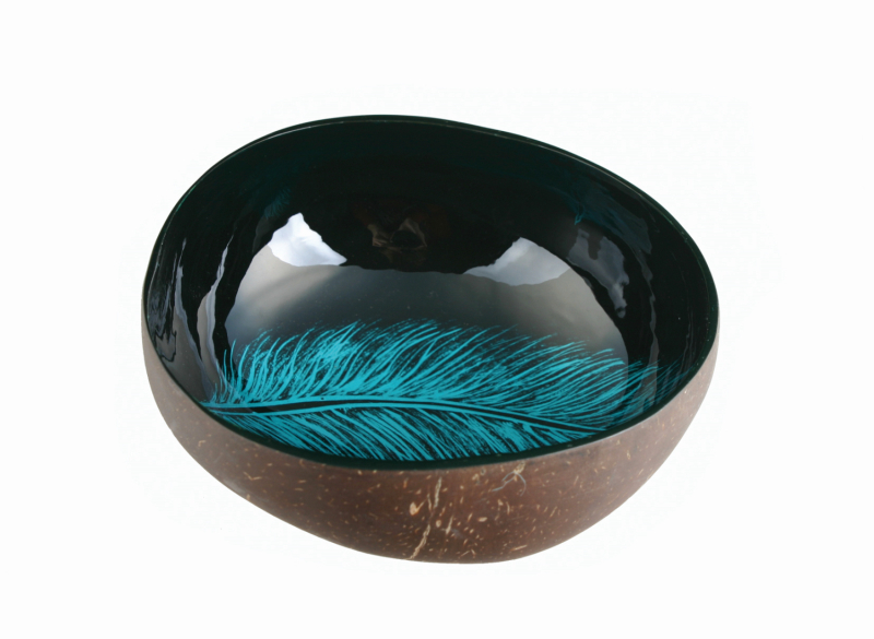 Kokosnuss-Schale "Feder", innen lackiert, schwarz/türkis, D 13cm, H 5cm