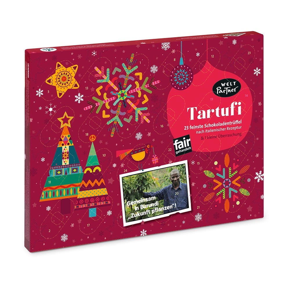 Adventskalender Tartufi "Burundi", Schokoladentrüffel, 8 verschiedene Sorten Tartufi, einzeln verpackt, 23 Stück und eine Überraschung, 322g