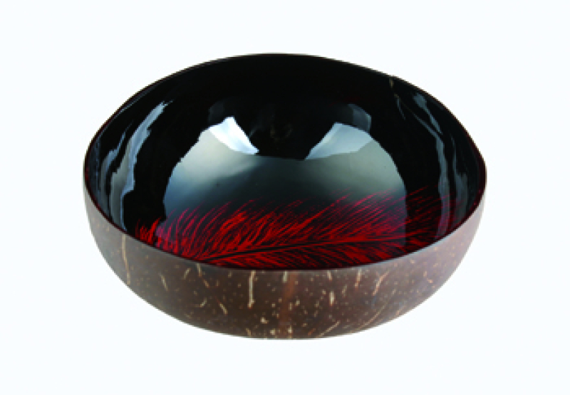 Kokosnuss-Schale "Feder" innen lackiert, schwarz/rot D13cm H 5cm