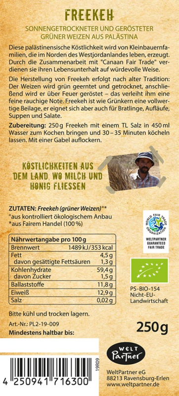 Freekeh, sonnengetrockneter und gerösteter grüner Weizen, bio°, 250g