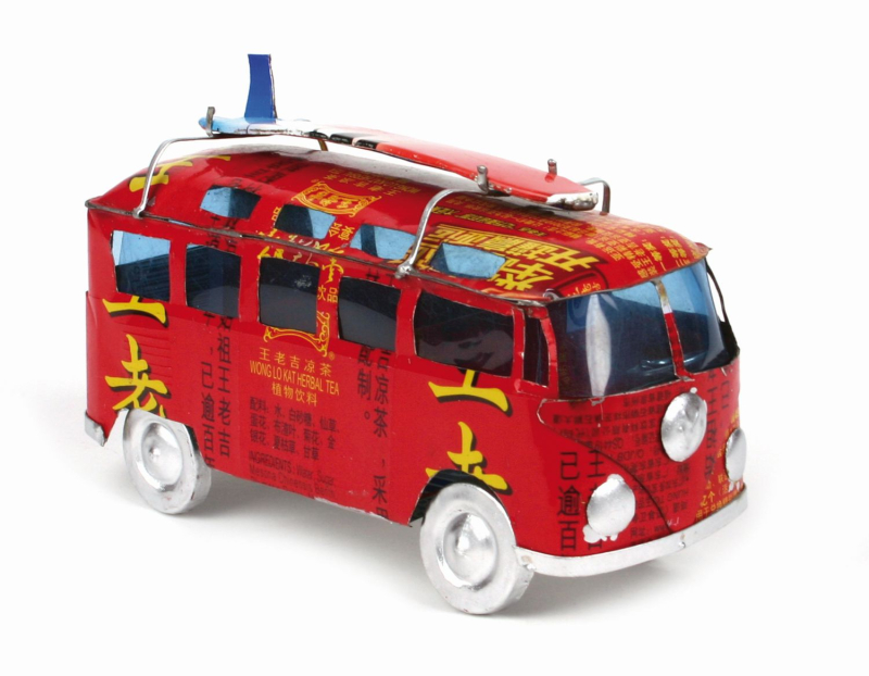 Blechauto "VW Bus Surfer" mit Dachreling und Surfbrett, L 16 cm