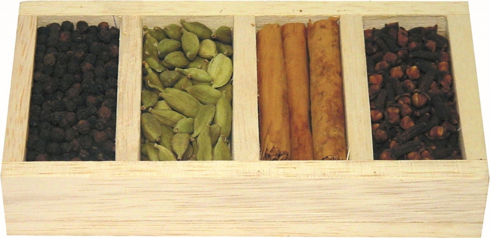 Geschenkbox mit vier Gewürzen, mit Pfefferkörnern, Kardamom, Zimtstangen, Nelken kbA, 40g