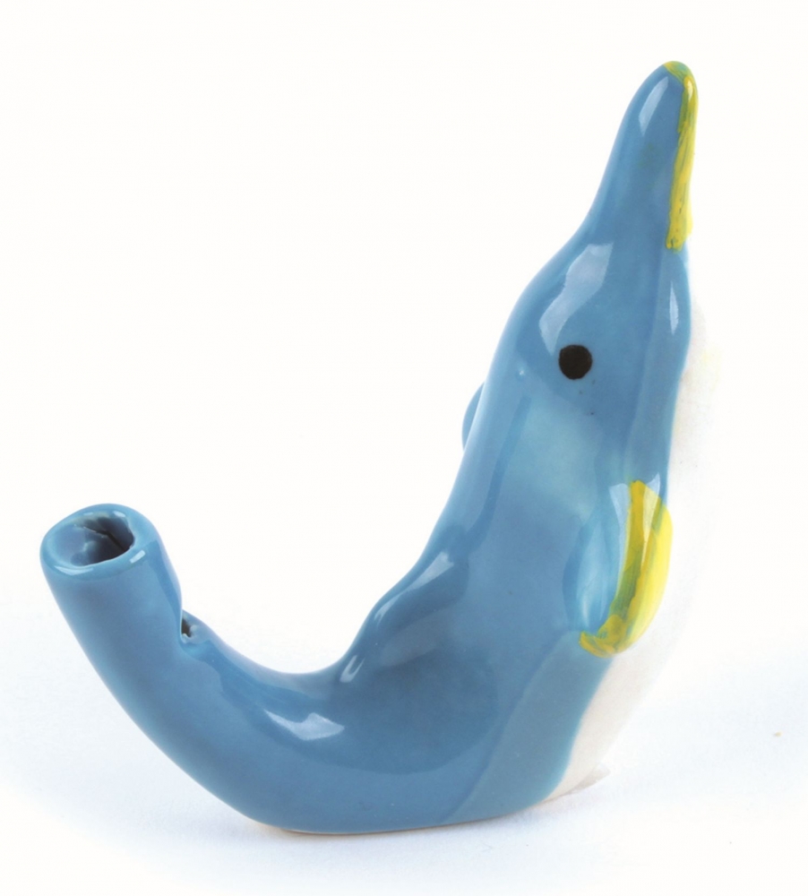Trillerpfeife "Delfin" Keramik, farbig bemalt, 7 x 8 cm
